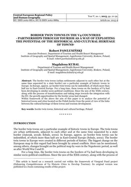 Border Twin Towns in the V4 Countries - Partnerships Through Tourism As a Way of Exploiting the Potential of the Historical and Cultural Heritage of Towns1