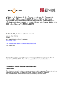 Disturbed Sleep Connects Symptoms of Posttraumatic Stress Disorder and Somatization: a Network Analysis Approach