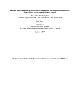 Tunicate: Northward Spread, Diversity, Source, and Impact of Non-Native Tunicates in Alaska: Establishing a Monitoring and Education Network