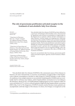 The Role of Peroxisome Proliferator-Activated Receptor in the Treatment of Non-Alcoholic Fatty Liver Disease