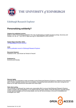 Personalizing Solidarity? the Role of Self-Tracking in Health Insurance Pricing', Economy and Society, Vol