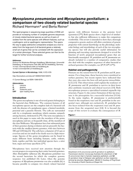 Mycoplasma Pneumoniae and Mycoplasma Genitalium: a Comparison of Two Closely Related Bacterial Species Richard Herrmann* and Berta Reiner†