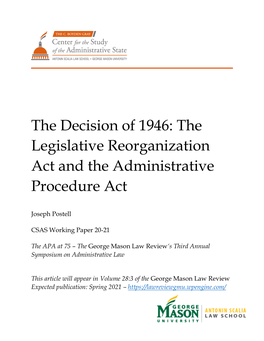 The Decision of 1946: the Legislative Reorganization Act and the Administrative Procedure Act