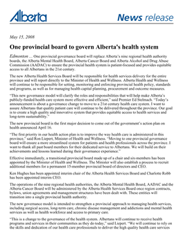 One Provincial Board to Govern Alberta's Health System