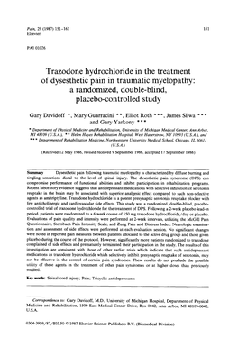 Trazodone Hydrochloride in the Treatment of Dysesthetic Pain in Traumatic Myelopathy: a Randomized, Double-Blind, Placebo-Controlled Study