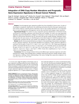 Integration of DNA Copy Number Alterations and Prognostic Gene Expression Signatures in Breast Cancer Patients