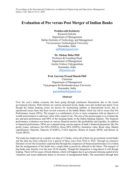 Evaluation of Pre Versus Post Merger of Indian Banks