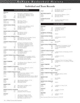 Depauw Basketball History Individual and Team Records