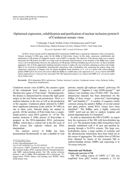 Optimized Expression, Solubilization and Purification of Nuclear Inclusion Protein B of Cardamom Mosaic Virus