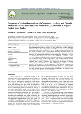 Properties of Antioxidant and Anti-Inflammatory Activity and Phenolic Profiles of Şevketi Bostan (Cnicus Benedictus L.) Cultivated in Aegean Region from Turkey