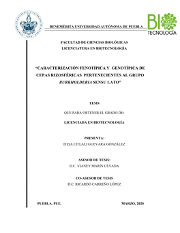 Caracterización Fenotípica Y Genotípica De Cepas Rizosféricas Pertenecientes Al Grupo Burkholderia Sensu Lato”