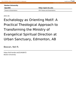 Eschatology As Orienting Motif: a Practical Theological Approach to Transforming the Ministry of Evangelical Spiritual Direction at Urban Sanctuary, Edmonton, AB