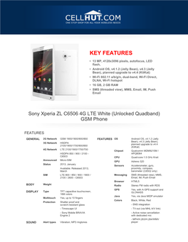 Sony Xperia ZL C6506 4G LTE White (Unlocked Quadband) GSM Phone