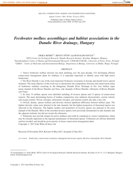 Freshwater Mollusc Assemblages and Habitat Associations in the Danube River Drainage, Hungary