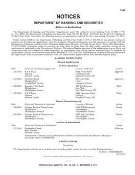 NOTICES DEPARTMENT of BANKING and SECURITIES Actions on Applications