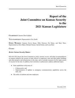 Joint Committee on Kansas Security to the 2021 Kansas Legislature