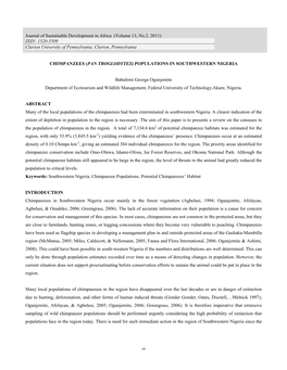 Chimpanzees (Pan Troglodytes) Populations in Southwestern Nigeria