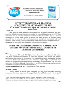 Effective Learning and Teaching Strategies for Ney Classes for the 9St and 10Nd Grades of Fine Arts High Schools