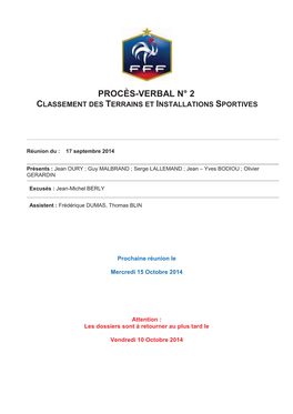 Procès-Verbal N° 2 Classement Des Terrains Et Installations Sportives