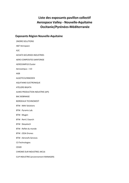 Liste Des Exposants Pavillon Collectif Aerospace Valley - Nouvelle-Aquitaine Occitanie/Pyrénées-Méditerranée