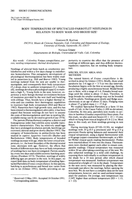 Body Temperature of Spectacled Parrotlet Nestlings in Relation to Body Mass and Brood Size ’