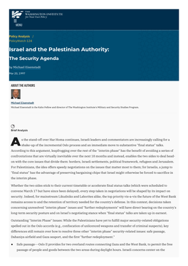 Israel and the Palestinian Authority: the Security Agenda by Michael Eisenstadt
