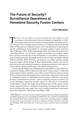 The Future of Security? Surveillance Operations at Homeland Security Fusion Centers