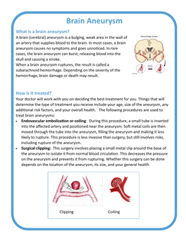 Brain Aneurysm What Is a Brain Aneurysm? a Brain (Cerebral) Aneurysm Is a Bulging, Weak Area in the Wall of an Artery That Supplies Blood to the Brain