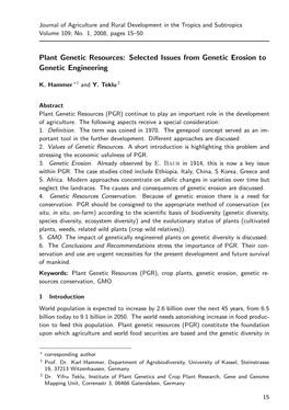 Plant Genetic Resources: Selected Issues from Genetic Erosion to Genetic Engineering