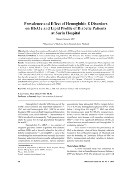 Prevalence and Effect of Hemoglobin E Disorders on Hba1c and Lipid Profile of Diabetic Patients at Surin Hospital