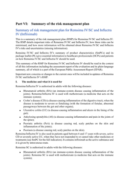 Summary of Risk Management Plan for Remsima IV/SC and Inflectra IV (Infliximab) This Is a Summary of the Risk Management Plan (RMP) for Remsima IV/SC and Inflectra IV