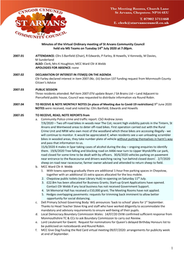 Minutes of the Virtual Ordinary Meeting of St Arvans Community Council Held Via MS Teams on Tuesday 14Th July 2020 at 7.00Pm