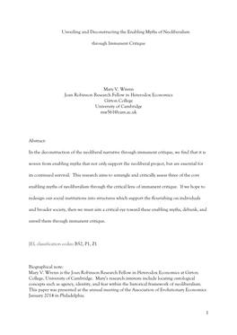 1 Unveiling and Deconstructing the Enabling Myths of Neoliberalism Through Immanent Critique Mary V. Wrenn Joan Robinson Resear