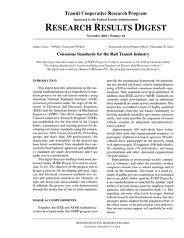 TCRP Research Results Digest 44: Consensus Standards for the Rail