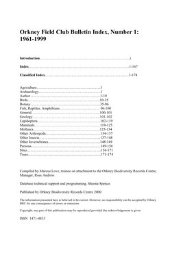 Orkney Field Club Bulletin Classified Index 1961-1999 1