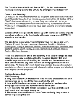 Housing Stability Bill and Provide Large Amounts of Funding for Tenants and Homeowners Who Have Been Unable to Pay Their Full Rent Or Mortgage Because of the Pandemic