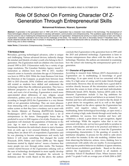 Role of School on Forming Character of Z- Generation Through Entrepreneurial Skills