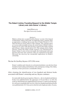 The Robert Ashley Founding Bequest to the Middle Temple Library and John Donne´S Library