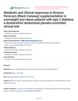 Metabolic and Clinical Responses to Bunium Persicum (Black Caraway