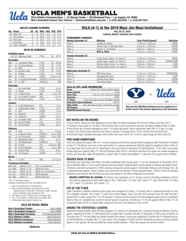 UCLA Men's Basketball UCLA’Sucla SEASON/Careerseason/Career Statistics (As of Nov 21, STATS 2019) 2019-20All Gamesroster