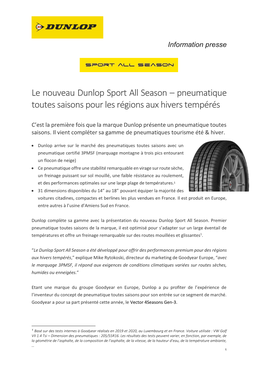 Le Nouveau Dunlop Sport All Season – Pneumatique Toutes Saisons Pour Les Régions Aux Hivers Tempérés