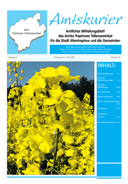 Amtskurier Amt Amtliches Mitteilungsblatt Treptower Tollensewinkel Des Amtes Treptower Tollensewinkel Für Die Stadt Altentreptow Und Die Gemeinden