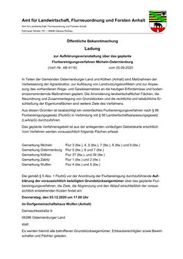 Amt Für Landwirtschaft, Flurneuordnung Und Forsten Anhalt Amt Für Landwirtschaft, Flurneuordnung Und Forsten Anhalt Kühnauer Straße 161 – 06846 Dessau-Roßlau