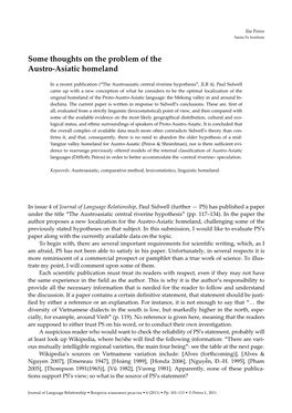 Some Thoughts on the Problem of the Austro-Asiatic Homeland