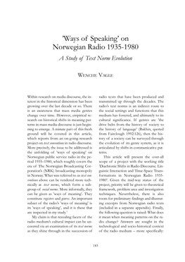 'Ways of Speaking' on Norwegian Radio 1935-1980