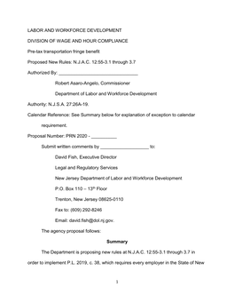 LABOR and WORKFORCE DEVELOPMENT DIVISION of WAGE and HOUR COMPLIANCE Pre-Tax Transportation Fringe Benefit Proposed New Rules