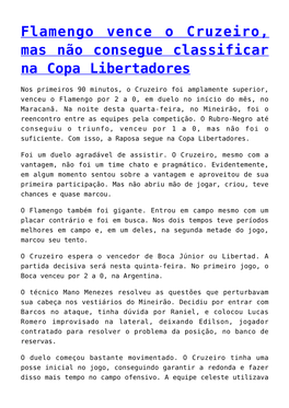 Flamengo Vence O Cruzeiro, Mas Não Consegue Classificar Na Copa Libertadores