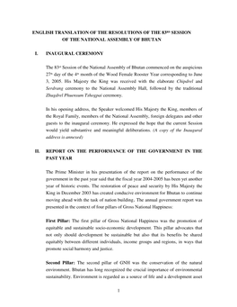 1 English Translation of the Resolutions of the 83Rd Session of the National Assembly of Bhutan I. Inaugural Ceremony