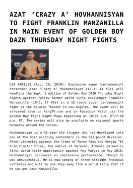 Hovhannisyan to Fight Franklin Manzanilla in Main Event of Golden Boy Dazn Thursday Night Fights