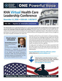 KHA Virtual Health Care Leadership Conference November 11, 2020 8:00 AM - 1:00 PM ET